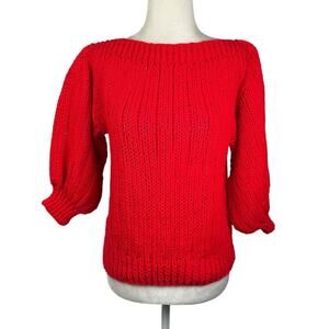 Vintage 80s Cherry Red Chunky Knit Handmade Sweater Balloon Sleeves